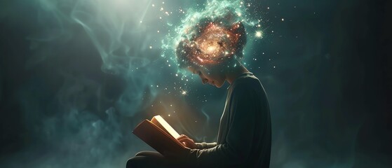 Surreal image of a person reading a book with a galaxy forming from their head, signifying imagination and knowledge expansion.