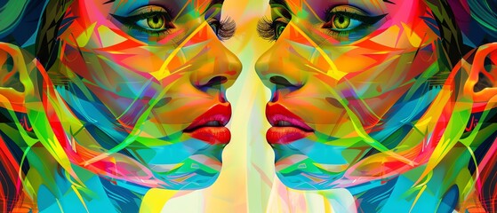 Vibrant abstract art depicting two mirrored faces in vivid, multicolored geometric patterns, showcasing dynamic creativity and expressive design.