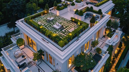 Overhead view of a white mansion with a uniquely designed rooftop terrace, showing patterns of greenery and relaxation spaces as dusk settles.
