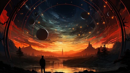 The businessman in a high-tech observatory, using powerful telescopes to track cosmic phenomena linked to demon appearances. Painting Illustration style, Minimal and Simple,