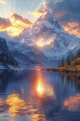 Stunning Sunrise Over Snow-Capped Mountain Reflected in Tranquil Lake with Vibrant Golden Clouds and Serene Winter Landscape Backgroundmountain