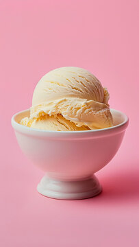 Creamy Vanilla Ice Cream in White Bowl on Pink Pastel Background. Simple Pleasure, Sweet Indulgence, Summer Concept.