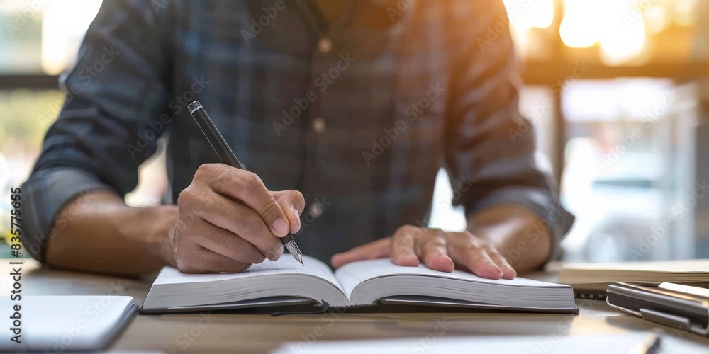 Poster focused individual writing in a notebook during the daytime, utilizing natural light at a desk indoo