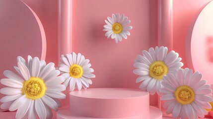 3d podium stage in the daisy background 