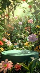 3d podium stage in the flowers background, in the nature 