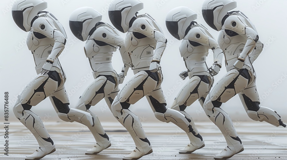Poster a collection of white robots moving in a synchronized line pattern.