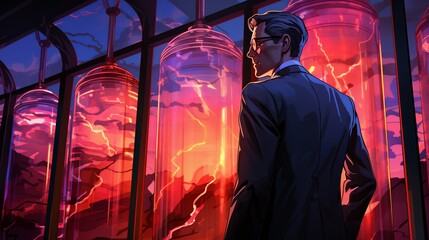 The businessman in a state-of-the-art laboratory, analyzing the genetic material of captured demons to understand their origins. Painting Illustration style, Minimal and Simple,