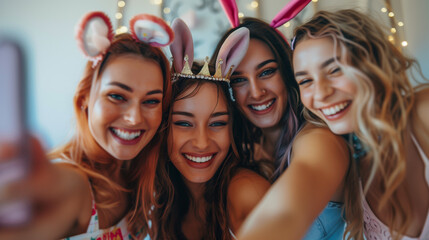 During a bachelorette party, a group of smiling women, adorned with bunny ears, gather for a selfie.