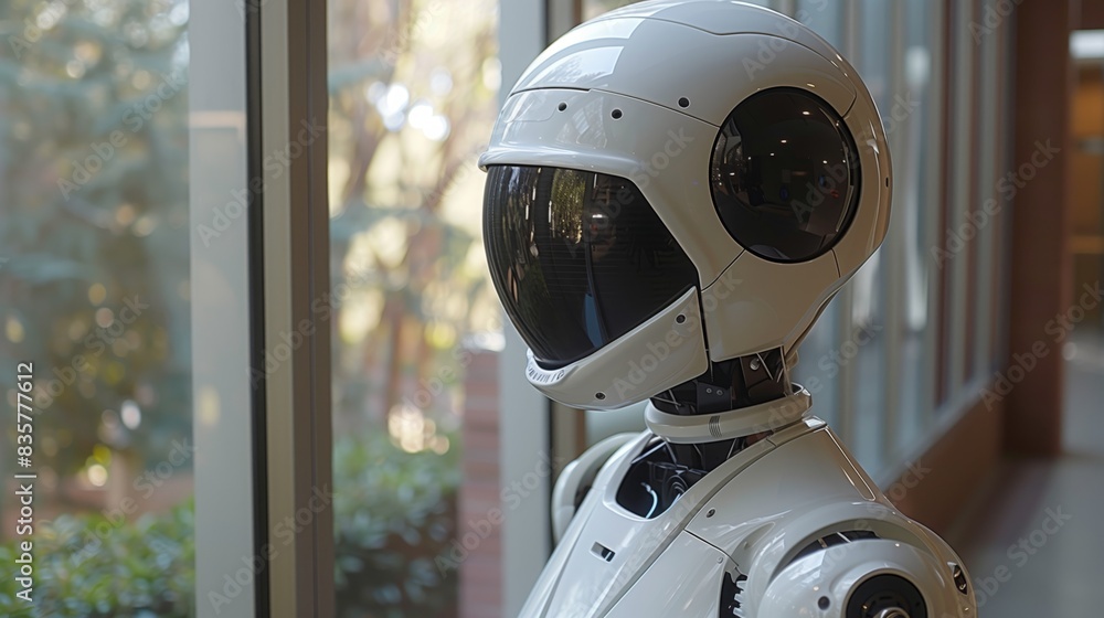 Poster a white robot stands still in front of a window, showcasing its sleek design against the backdrop of