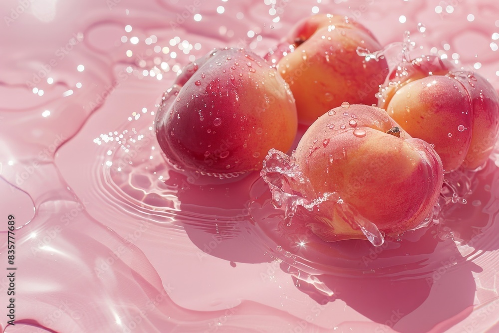 Poster four ripe peaches with water droplets are splashing on a pink surface, creating a refreshing and vib