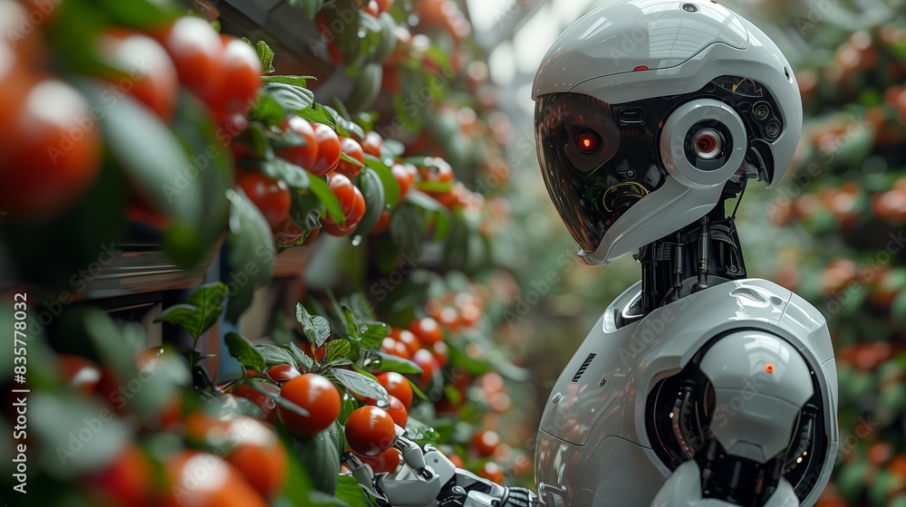 Poster a robotic machine is efficiently picking ripe tomatoes in a greenhouse setting.