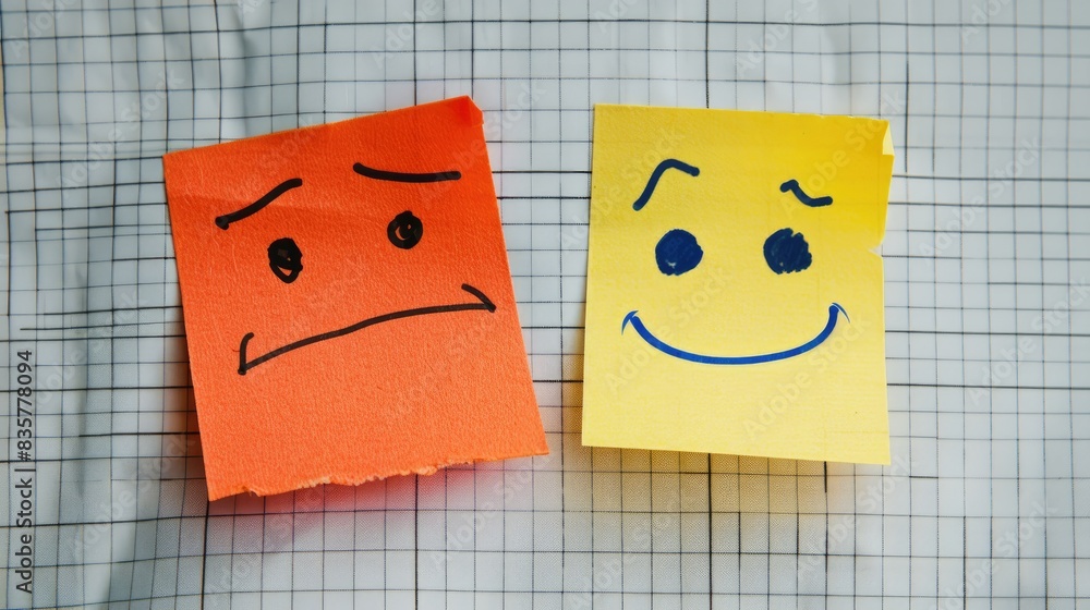 Poster optimistic outlook and joyful idea hand drawn happy face and unhappy expression on stick note backdr