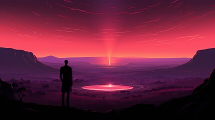 Obraz premium The businessman standing on the edge of a volcanic crater, holding a mystical artifact that glows with a bright light, ready to confront a fire demon. Painting Illustration style, Minimal and Simple,