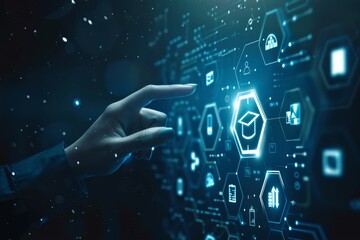 Step into a cuttingedge digital realm with a virtual interface where a hand navigates through advanced technology, luminous icons, and a cyber setting, embodying a futuristic experience