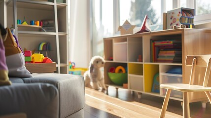 Kid-friendly living room, close-up on low storage units filled with toys and books, bright natural light 