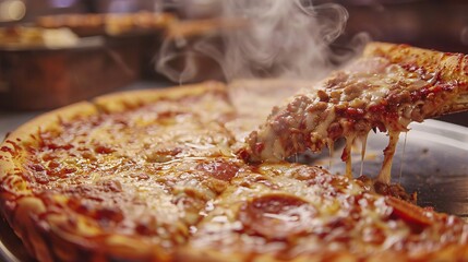 A close-up shot of a Chicago deep-dish pizza being sliced, revealing layers of melted cheese,...