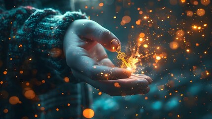 A person is holding a key in their hand, with a glowing effect surrounding it