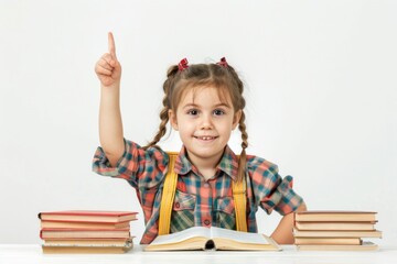 A young student with pigtails enthusiastically raises her hand in the classroom, representing a confident and eager learner. This image conveys the concept of back to school and the joy of learning
