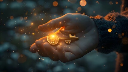 A person is holding a key in their hand, with a glowing effect surrounding it