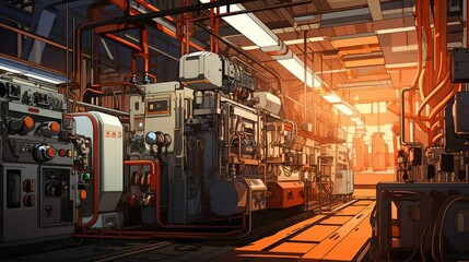 A cheerful technician wearing overalls and a helmet, giving a thumbs-up while monitoring control panels inside an oil refinery control room, with complex machinery in the background. Painting