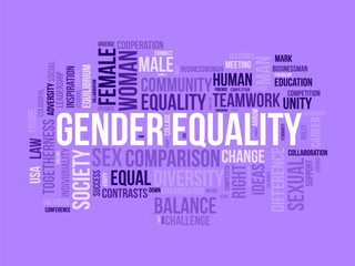 Gender equality word cloud template. Gender justice concept vector tagcloud background.