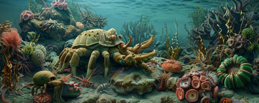Climate change affecting seafloor invertebrates, high-definition, soft natural light, detailed marine animals, vibrant and impactful, focused on bioturbation