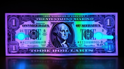 Photograph of a US dollar bill illuminated by UV light, revealing the hidden fluorescent markings and security features 