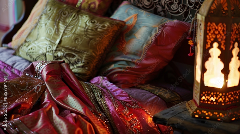 Poster Indian style bedroom, close-up on silk sari draped over an ornate headboard, glowing lantern light 