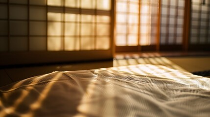 Japanese inspired study, close-up on tatami mat and shoji screen, soft natural light filtering through 