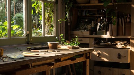 Garden shed with craft area, close-up on workbench doubling as a potting station, natural garden light 