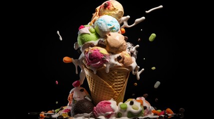 photograph of an ice cream cone floating in mid-air, scoops of colorful ice cream piled high, set against a dark background 