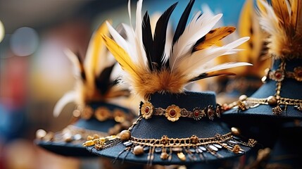 A close-up of a traditional Bavarian hat with feathers and decorative pins at Oktoberfest