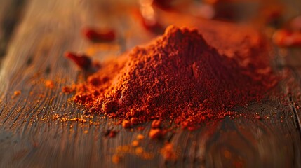 Red chili powder on a wooden surface