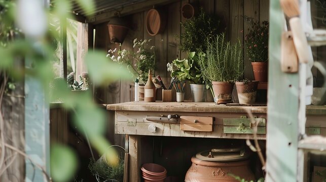 Garden shed with craft area, close-up on workbench doubling as a potting station, natural garden light 
