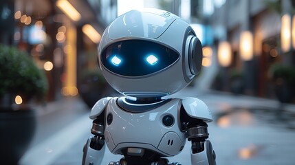 Fototapeta premium A white robot stands motionless on a city street, surrounded by buildings and cars.