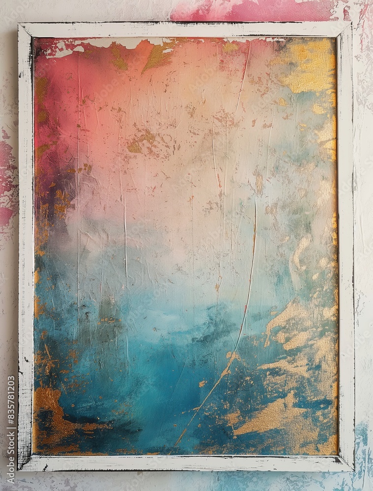 Poster An abstract painting in a white frame with pink, gold, and teal colors