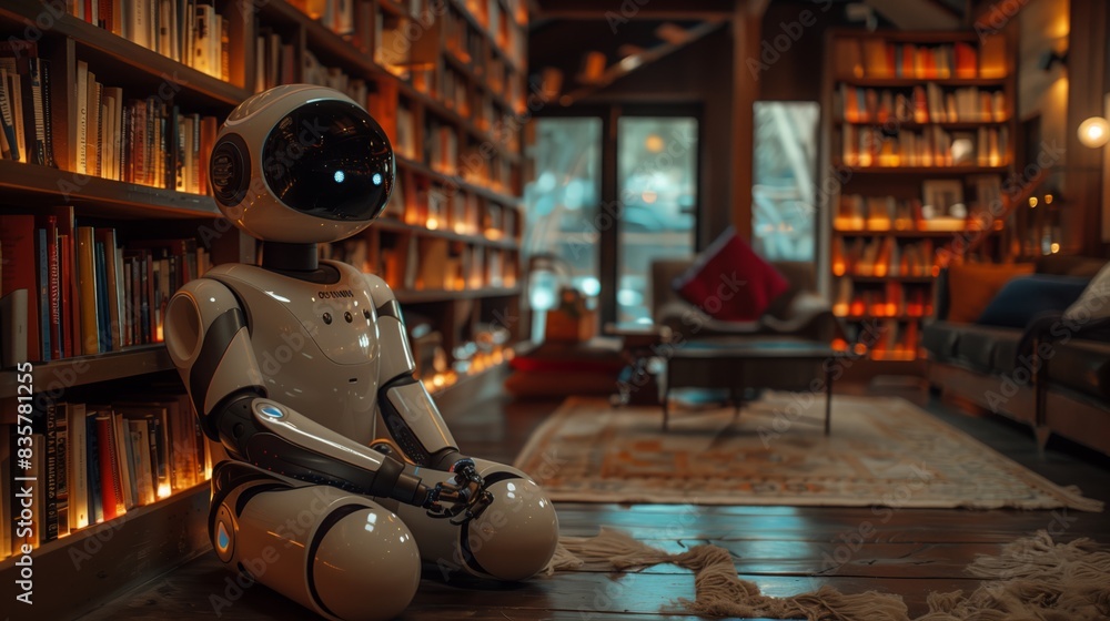 Poster a robot is seated in front of numerous bookshelves filled with books in a library, surrounded by kno