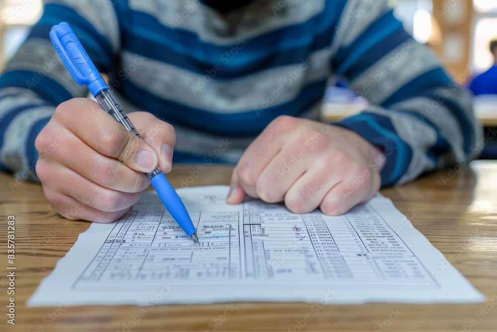 Poster Focused and dedicated, a student meticulously tackles a test in a calm classroom. They are earnestly striving for accuracy in an academic setting, demonstrating their commitment to learning