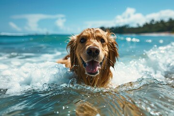 photo of a cool dog while surfing with his tongue out 