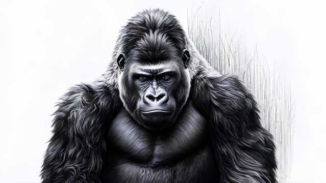 Detailed pencil sketch of a gorilla in a thoughtful pose, sitting.