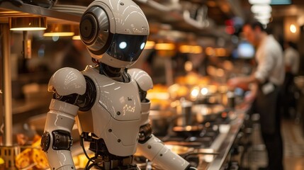 A robot is standing in a busy restaurant kitchen, surrounded by chefs and kitchen staff, ready to assist in food preparation.