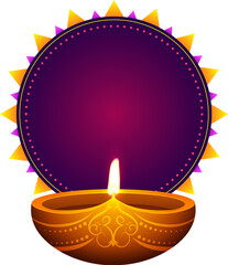 Illuminate Diya (Oil Lamp) Against Blank Purple Mandala Frame Given for Your Message. Indian Festival of Light, Diwali Png Background.