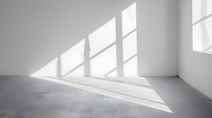 Fototapeta premium Natural light rays casting minimal shadows on white wall, trace monotone