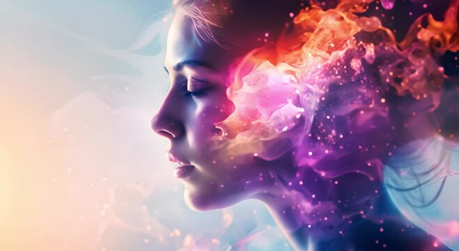 Cortisol double exposure abstract image. Woman's silhouette against space aura, symbolizing cortisol's cerebral effects. Stress and the cosmos collide in a portrait of hormonal impact on the mind	