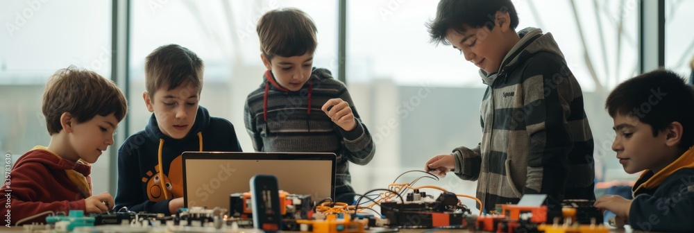 Poster A group of kids is actively involved in a robotics project, collaborating on building and programming together. They are engaged in STEM learning and education, emphasizing teamwork and innovation