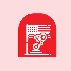flag design with an illustration of a robot arm holding a flag, creative and futuristic design