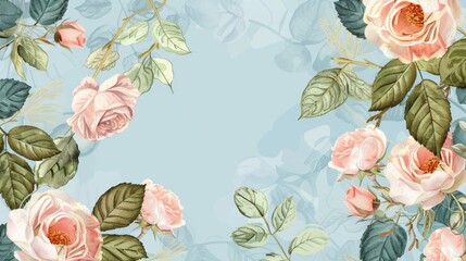 Roses floral, luxury botanical on light blue background vector, empty space in the middle to leave room for text or logo, gold line wallpaper, leaves, flower, foliage, hand drawn