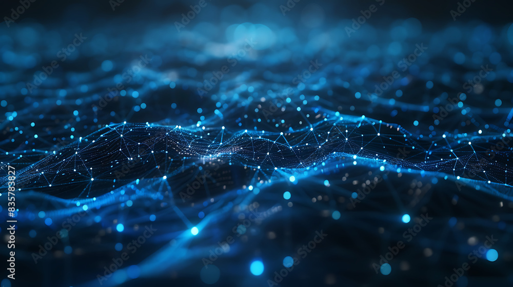 Poster a minimalist network of glowing blue nodes and lines that create abstract geometric shapes. dark blu