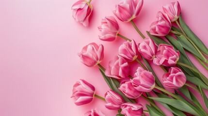 Pink tulips arranged on a pink background. Flat lay composition with copy space. Spring floral design concept. Design for greeting cards, invitations, posters.