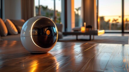 A robot is seated on a wooden floor in a cozy living room setting.